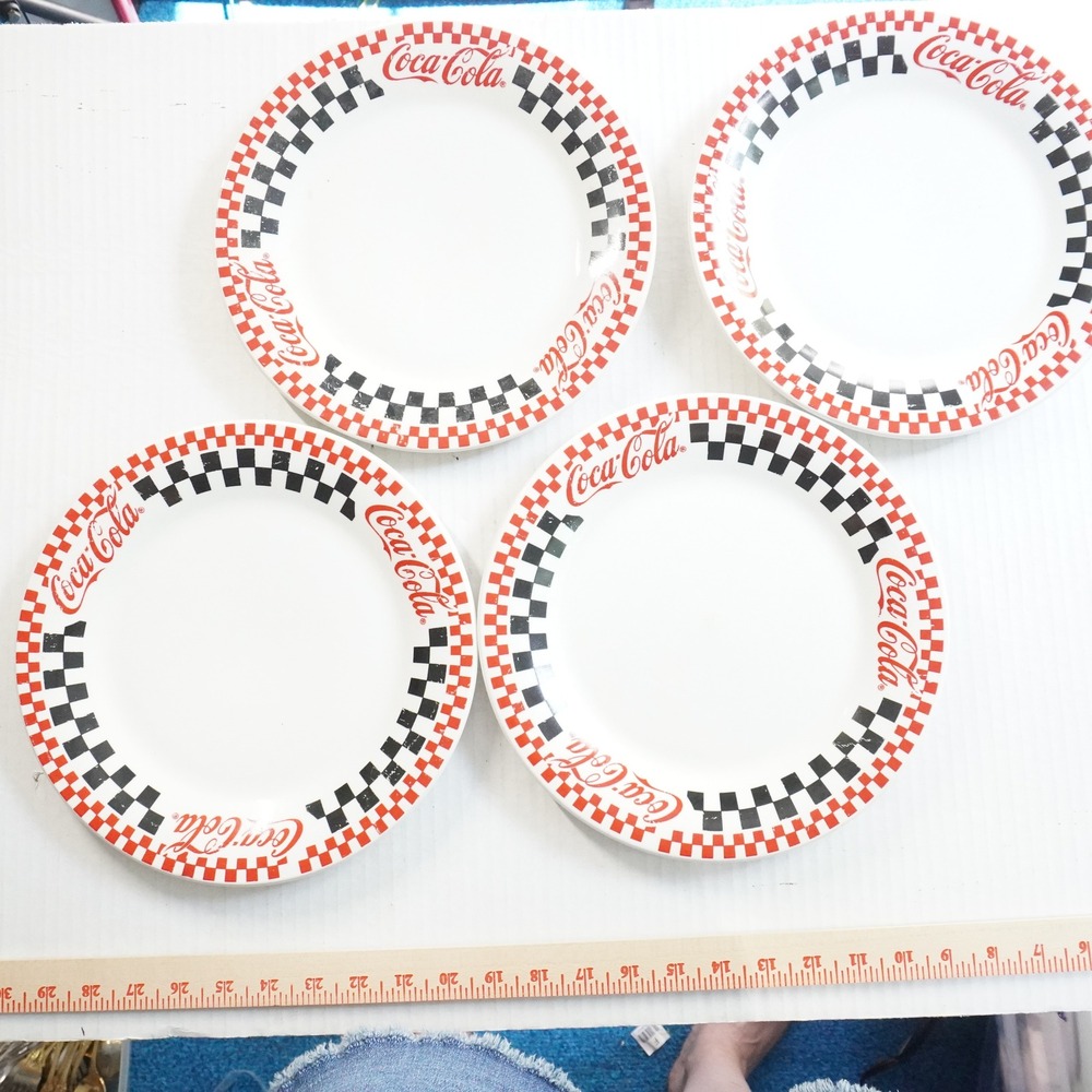 VTG Coca-Cola Gibson Dinner Plates Set 4 Checkerboard Border Collectible Dishes‎